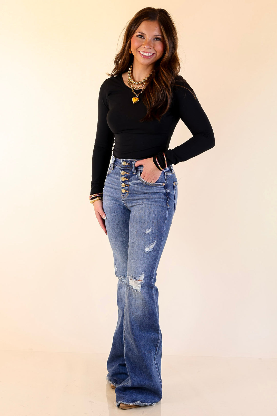 Judy Blue | The Statement Pair Button Fly Flare Jean in Medium Wash