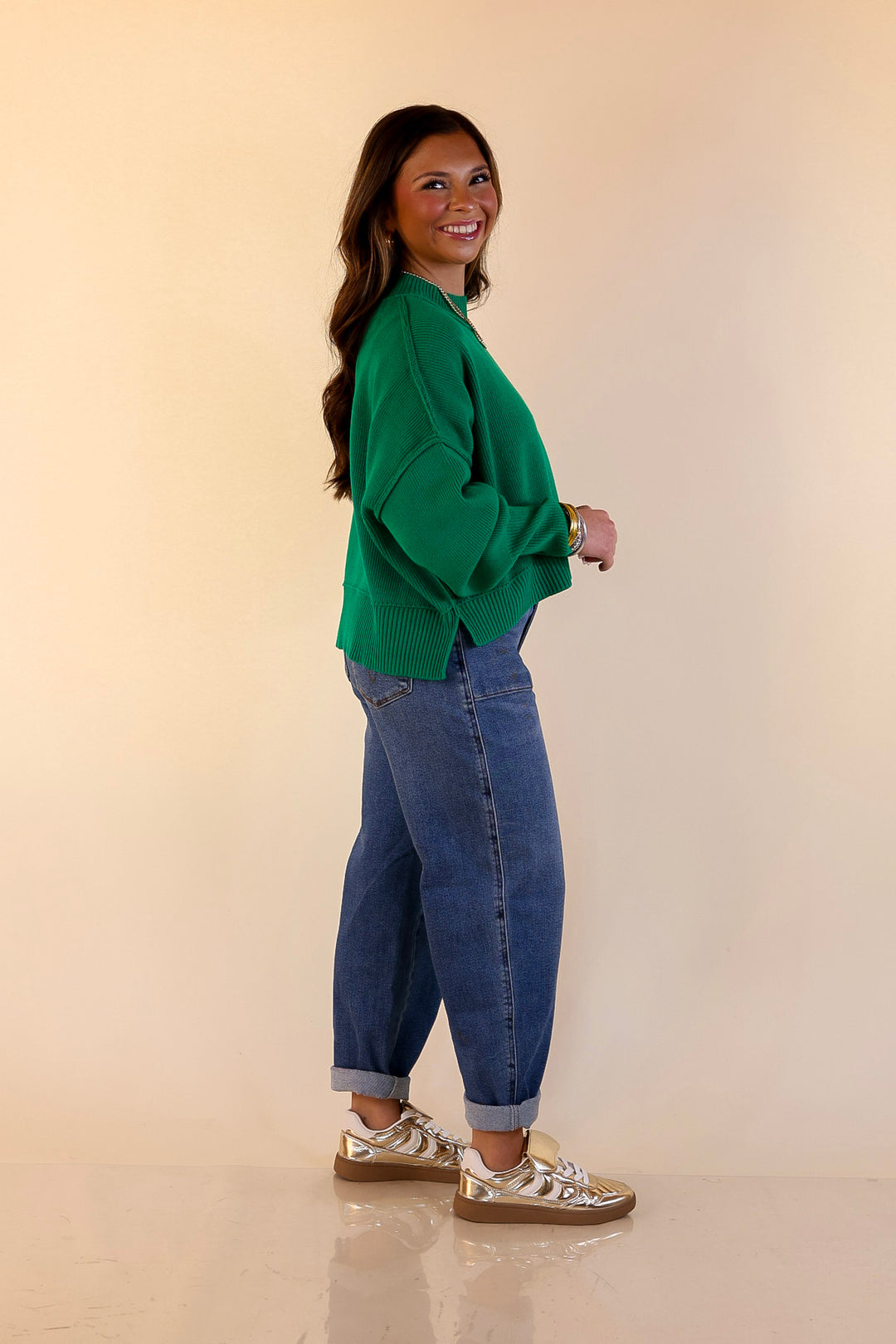 Fireside Fit Cropped Long Sleeve Mock Neck Sweater in Kelly Green