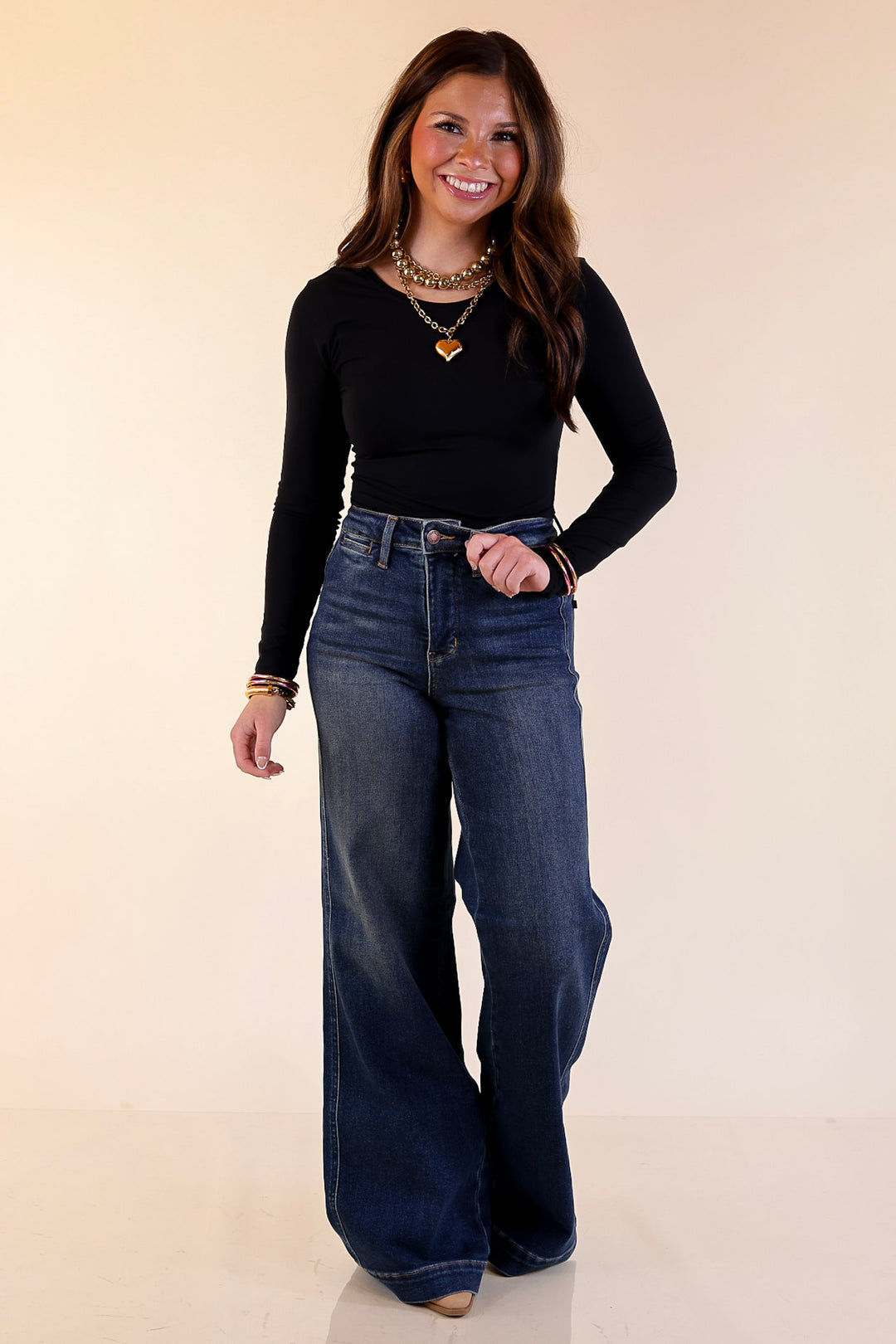 Judy Blue | Perfectly Poised Tummy Control Retro Wide Leg Trouser Jean in Dark Wash
