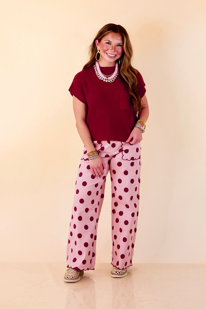 Polished Play Polka Dot Print Wide Leg Denim Pants with Scallop Detailing in Blush Pink and Maroon
