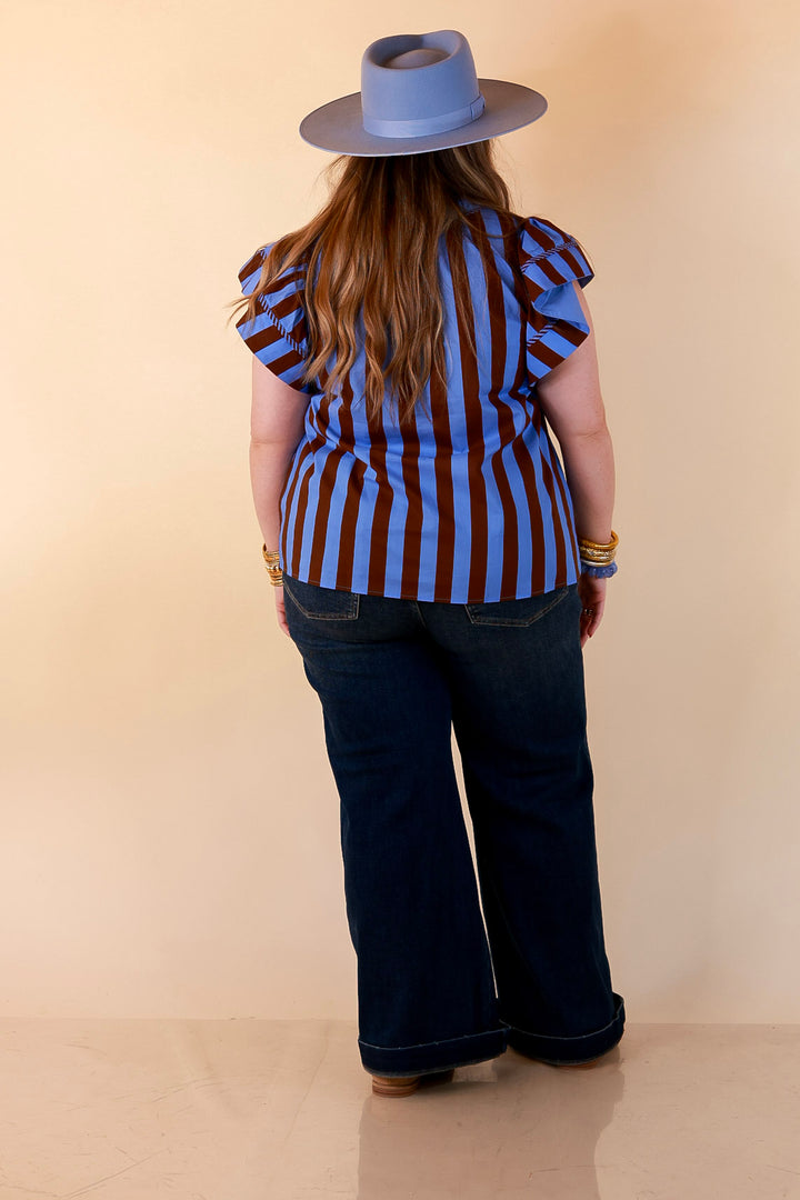 Simply Refined Striped Short Ruffle Sleeve Split Neck Stripe Top in Periwinkle Blue and Chocolate Brown