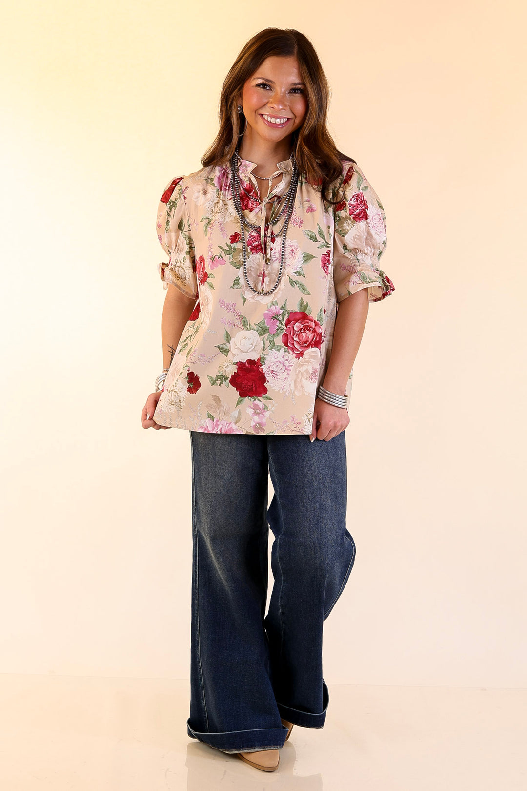 Freshly Picked Floral Print Top with Short Puff Sleeves in Beige