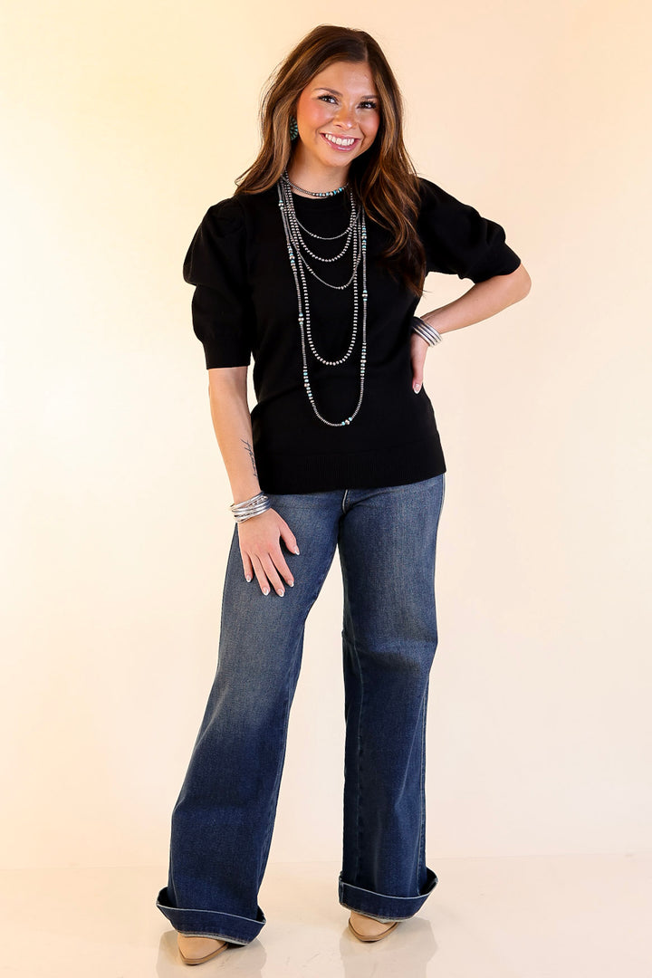 Sweet Sophistication Puff Short Sleeve Knit Sweater with Scoop Neck in Black