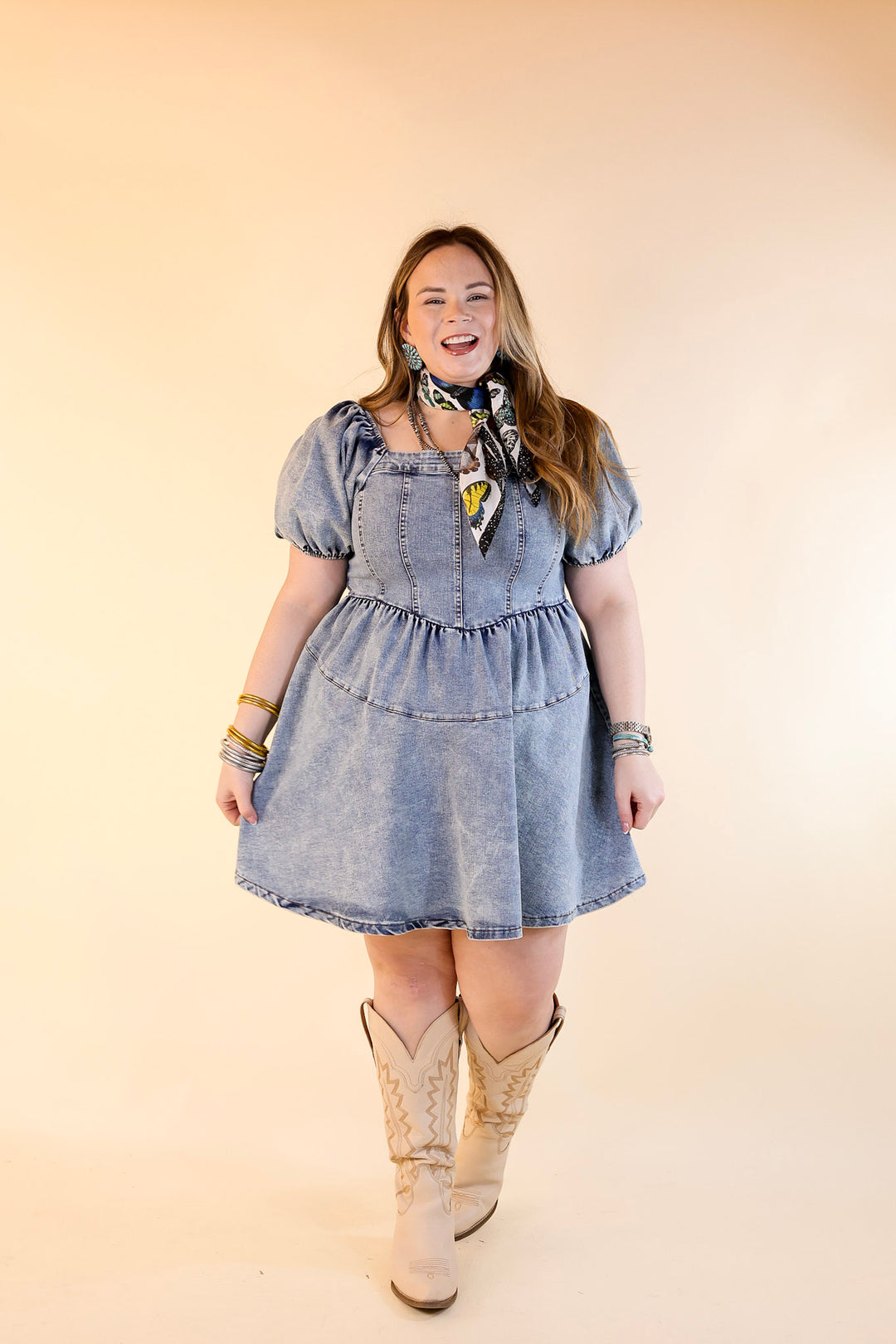 Denim Delight Babydoll Dress with Puff Sleeves in Medium Wash