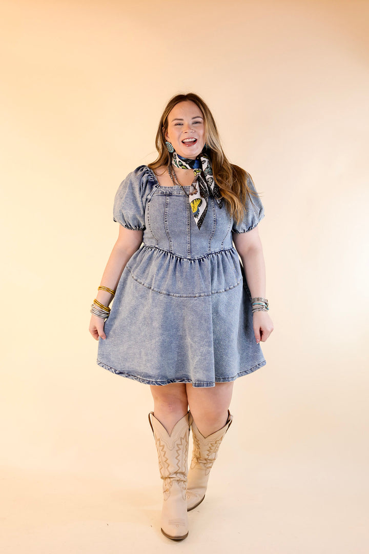 Denim Delight Babydoll Dress with Puff Sleeves in Medium Wash