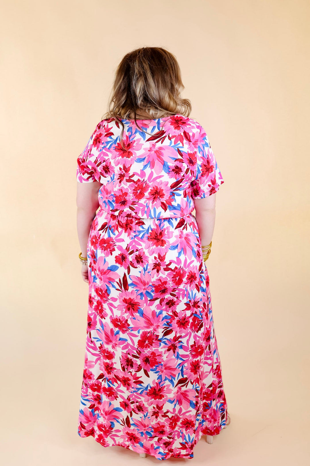 Delightful Dip Floral Maxi Dress with Waist Tie in Pink Mix - Giddy Up Glamour Boutique