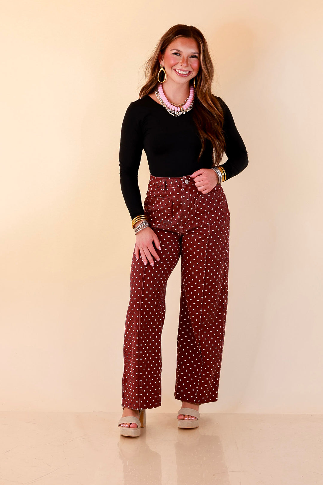 Rosy Outlook Polka Dot Print Wide Leg Denim Pants with Front Seam and Pockets in Maroon