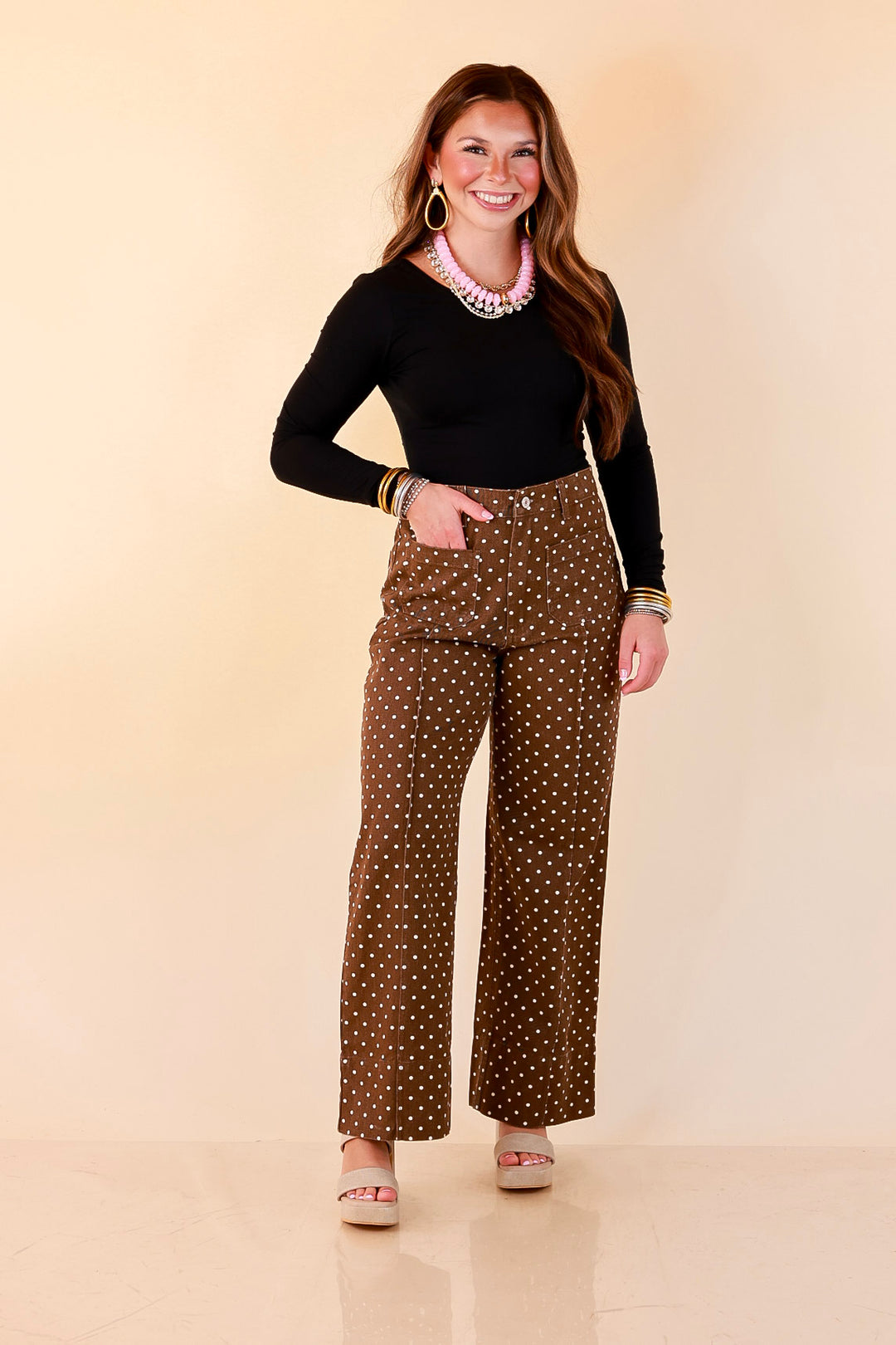 Rosy Outlook Polka Dot Print Wide Leg Denim Pants with Front Seam and Pockets in Chocolate Brown
