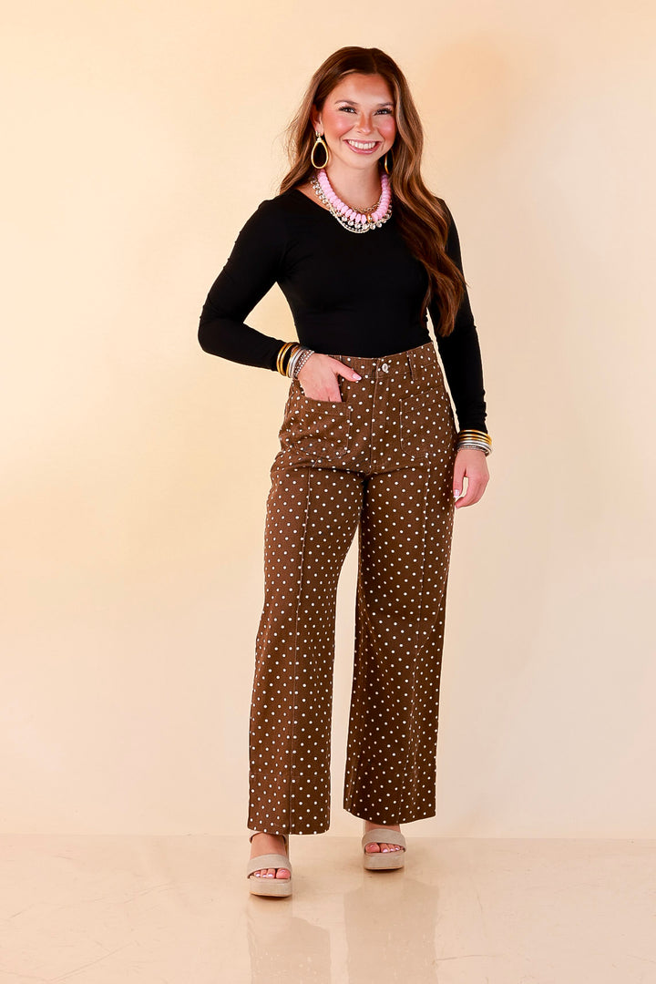 Rosy Outlook Polka Dot Print Wide Leg Denim Pants with Front Seam and Pockets in Chocolate Brown