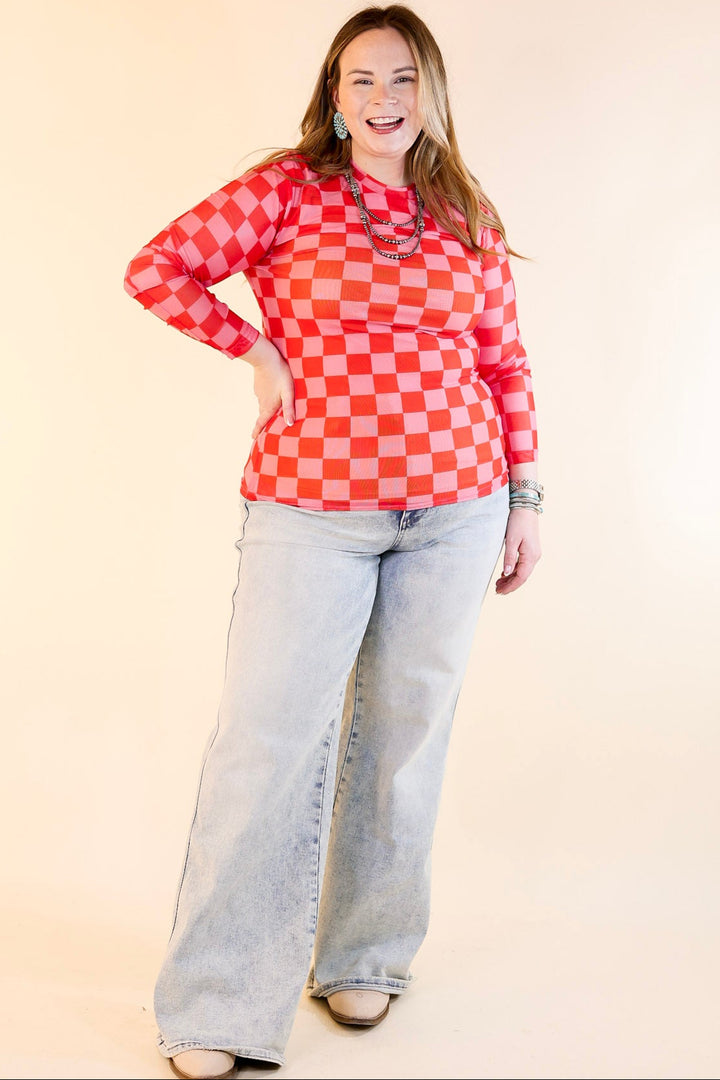Western Dream Checkered Mesh Long Sleeve Top in Pink and Red
