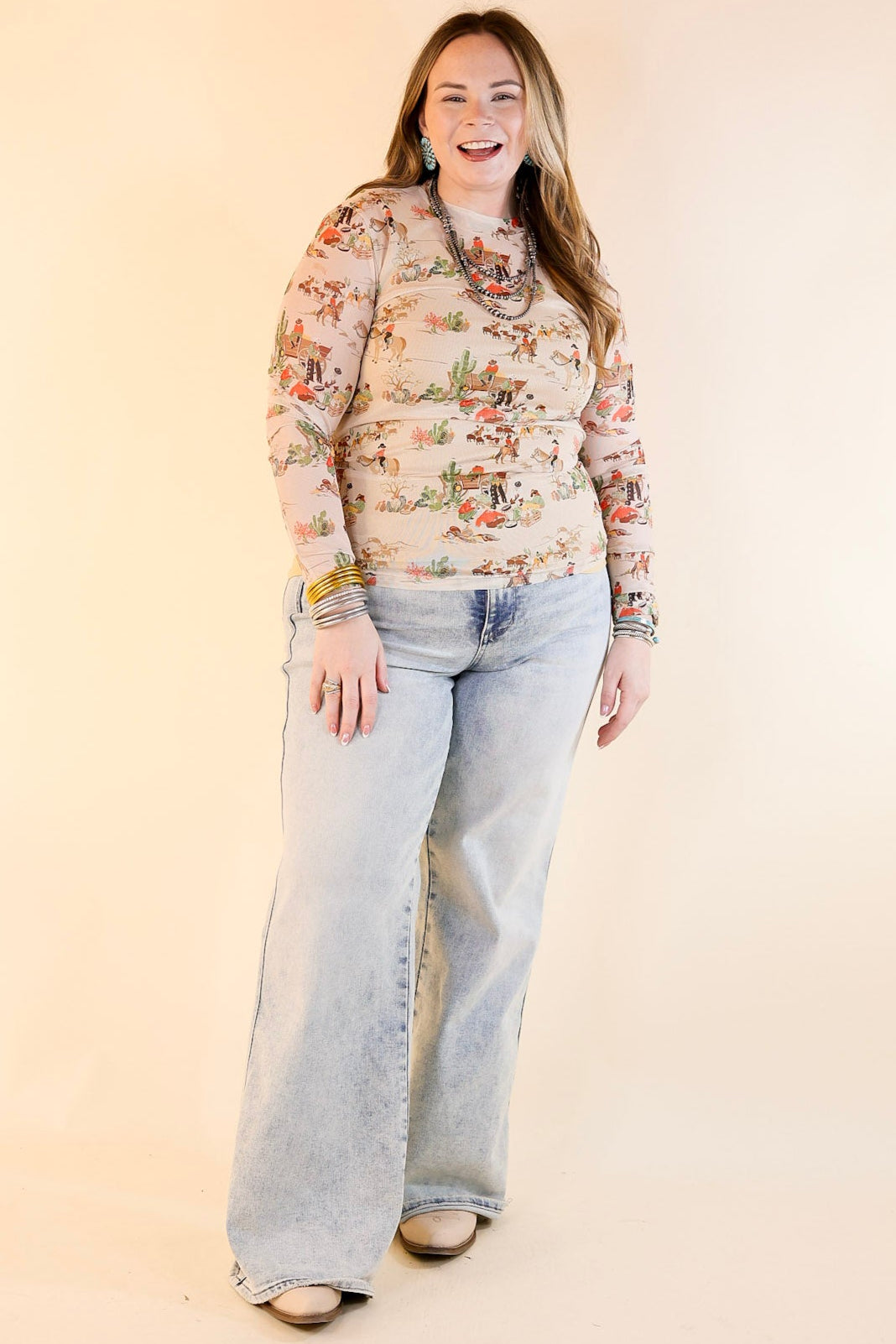 Western Dream Mesh Long Sleeve Top with Retro Western Print in Tan