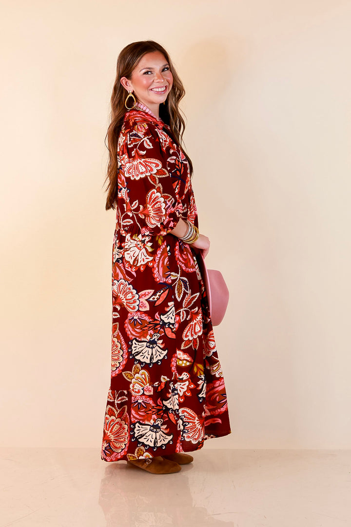 Season of Style Floral Print V Neck 3/4 Sleeve Collared Tiered Midi Dress in Maroon Multi