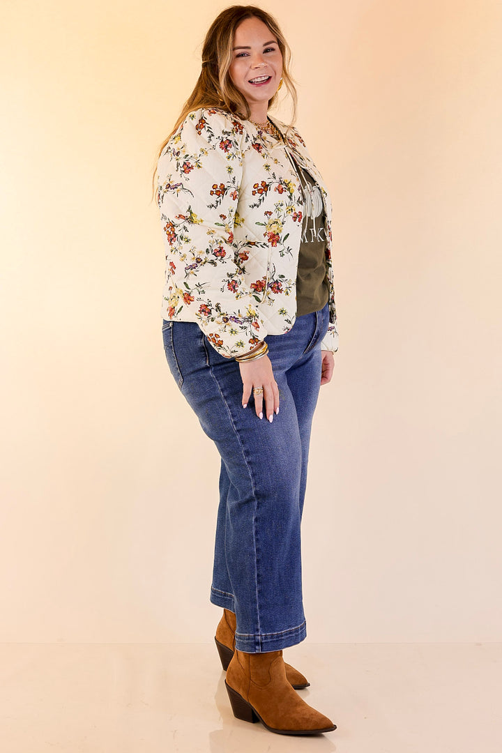 Chic in Bloom Quilted Floral Jacket with Front Ties in Ivory