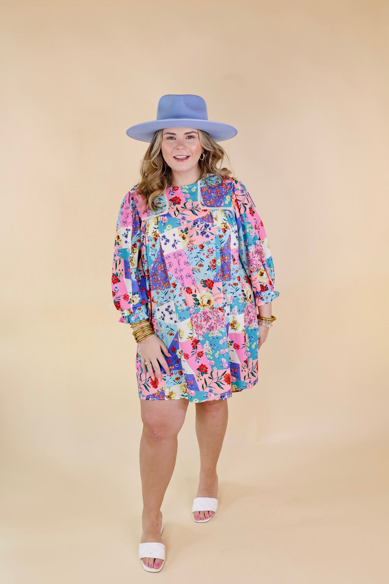 Floral Paradise Floral Patch Pattern Dress in Blue and Pink - Giddy Up Glamour Boutique