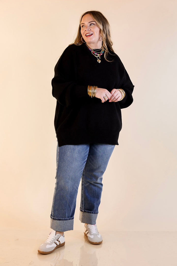 Snug and Stylish Mock Neck Sweater with Side Slit in Black