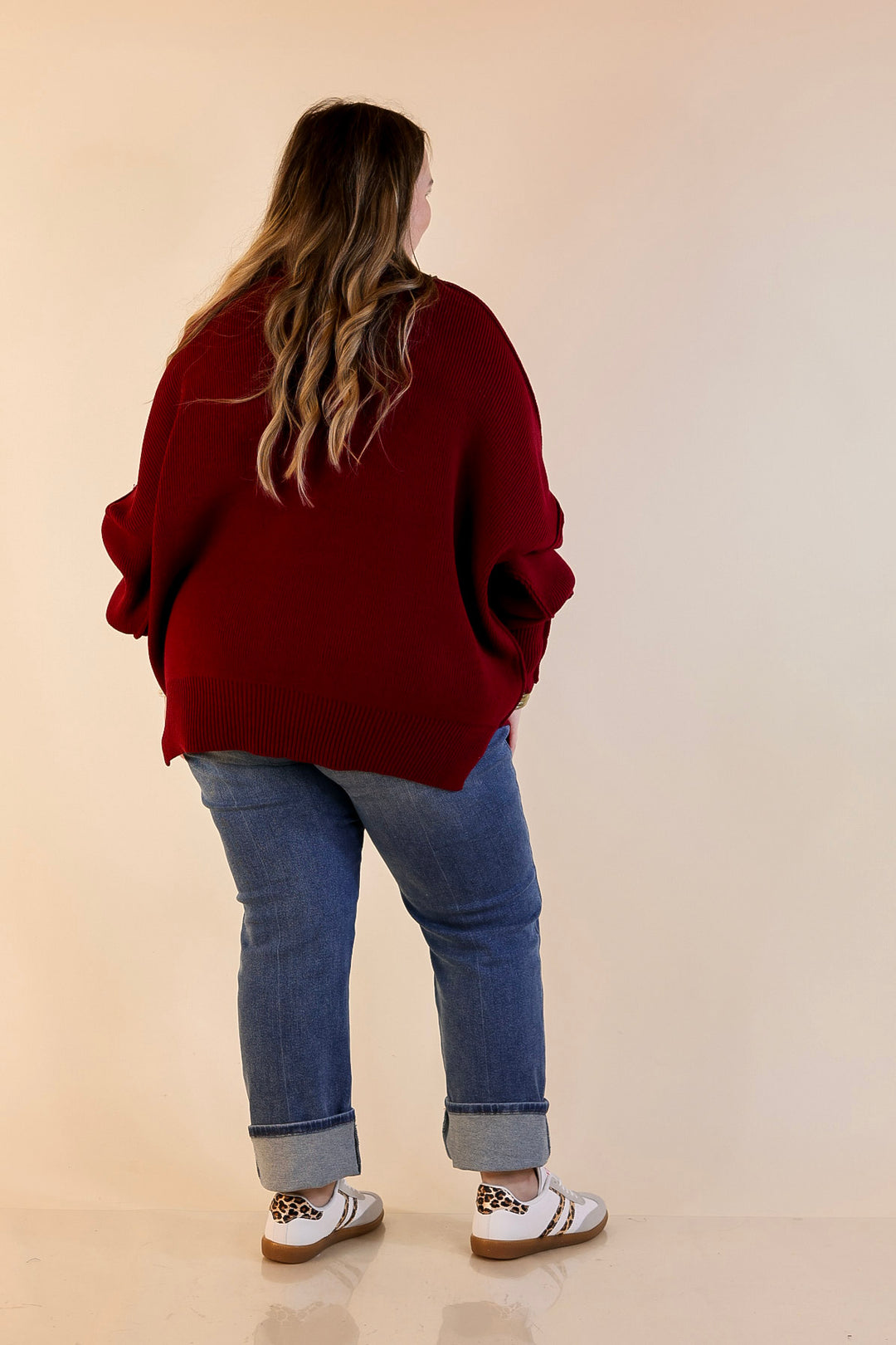 Snug and Stylish Mock Neck Sweater with Side Slit in Maroon