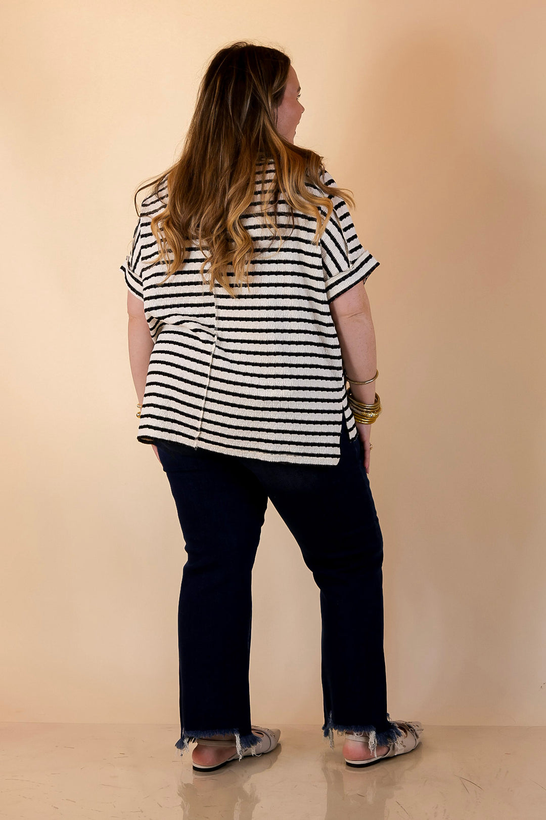 On The Daily Scoop Neck Short Sleeve Striped Textured Top in Black