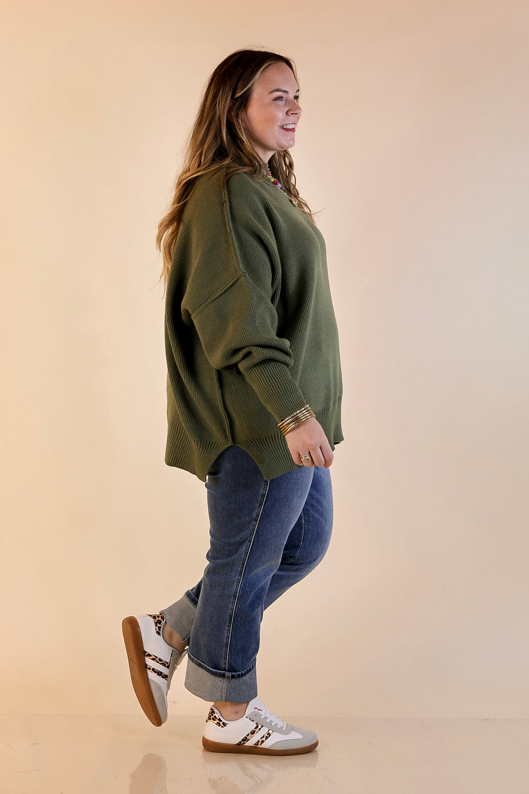 Snug and Stylish Mock Neck Sweater with Side Slit in Olive Green