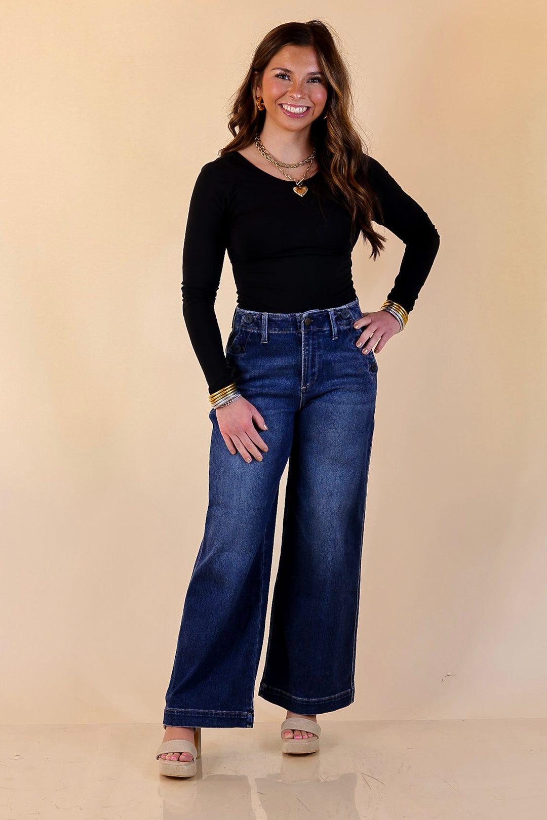 Risen | Steady Style Cropped Wide Leg Trouser Jean with Pocket Detailing in Dark Wash