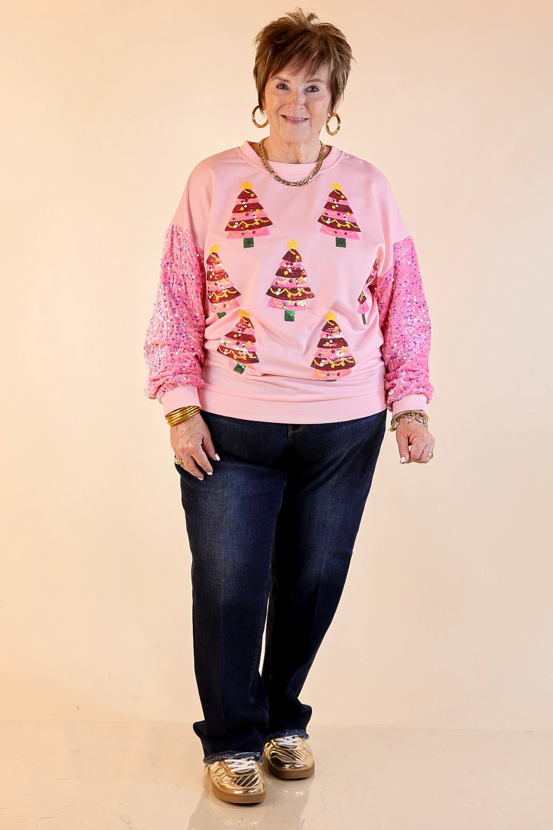 Sequin Pink Christmas Trees Crewneck Sweatshirt with Velvet Sleeves in Light Pink