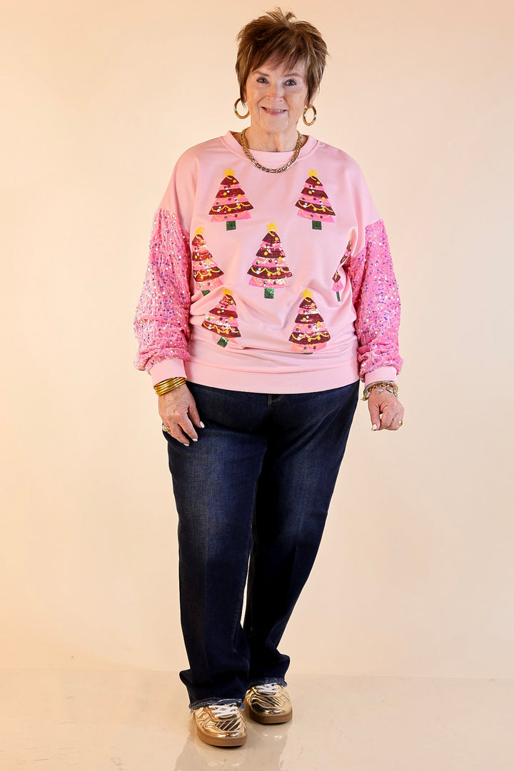 Sequin Pink Christmas Trees Crewneck Sweatshirt with Velvet Sleeves in Light Pink