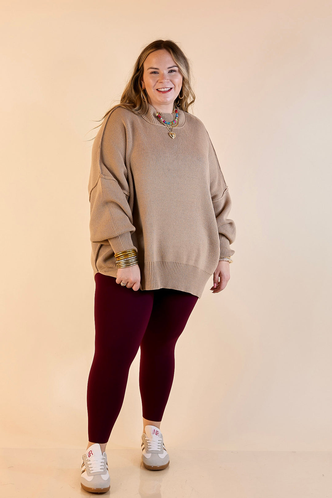 Snug and Stylish Mock Neck Sweater with Side Slit in Light Mocha Brown