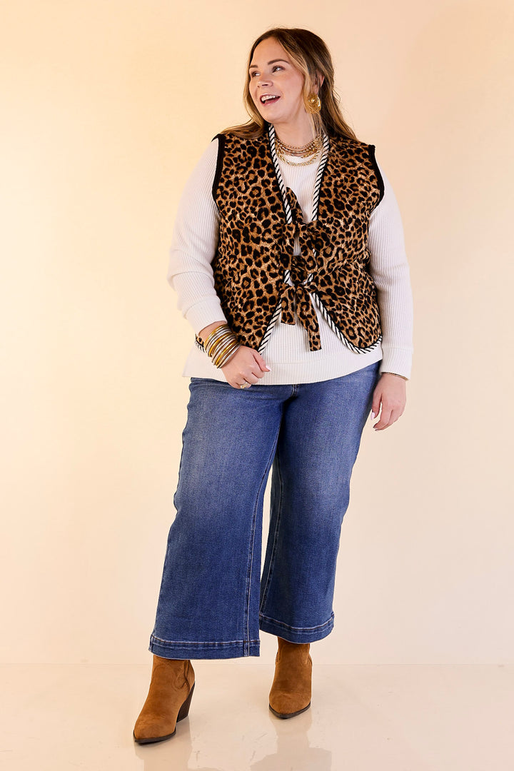 Wildly Chic Quilted Puffer Vest with Stripe Trim and Black Piping in Leopard Print