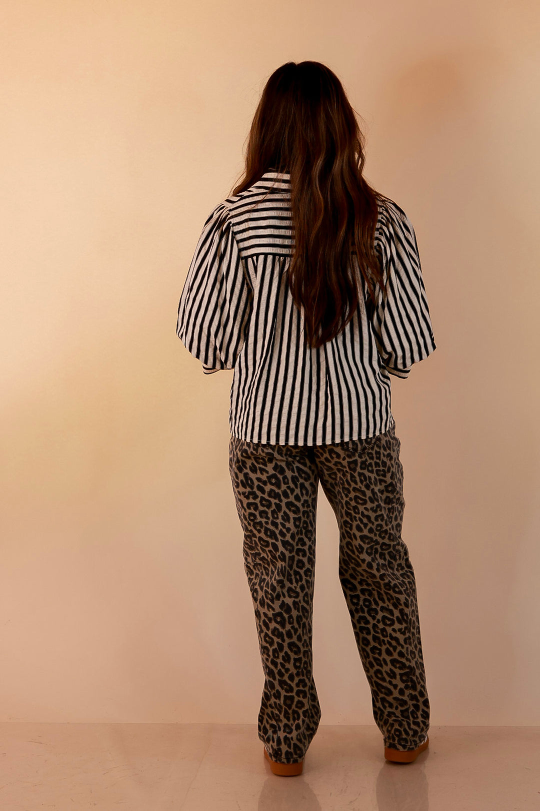 The Bold Type Striped 3/4 Sleeve Button-Up Top in Ivory with Black Stripes