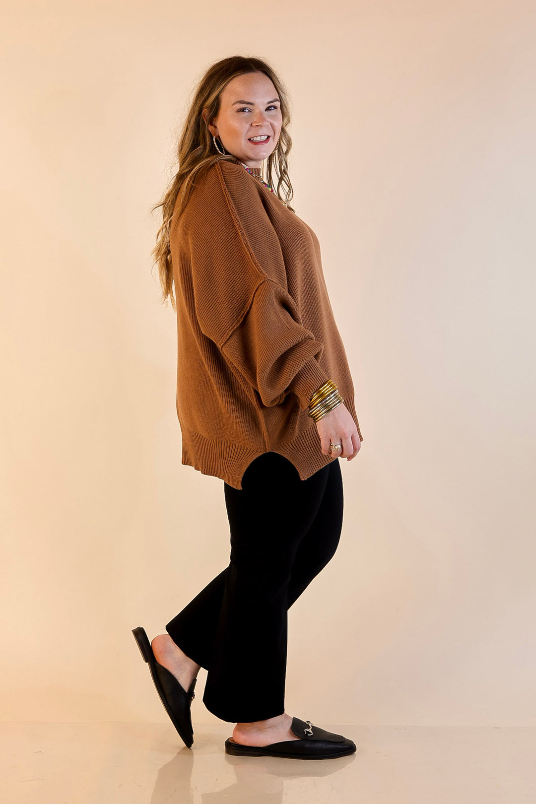 Snug and Stylish Mock Neck Sweater with Side Slit in Camel Brown