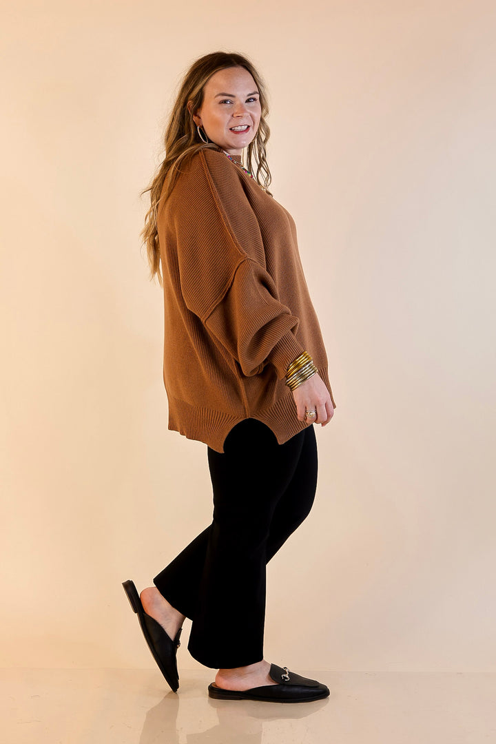 Snug and Stylish Mock Neck Sweater with Side Slit in Camel Brown