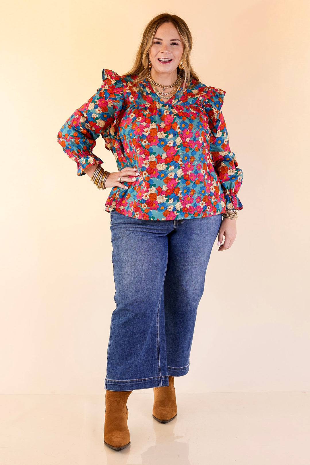 Coffee Perks Floral Ruffle Detail Long Sleeve Top in Turquoise Blue