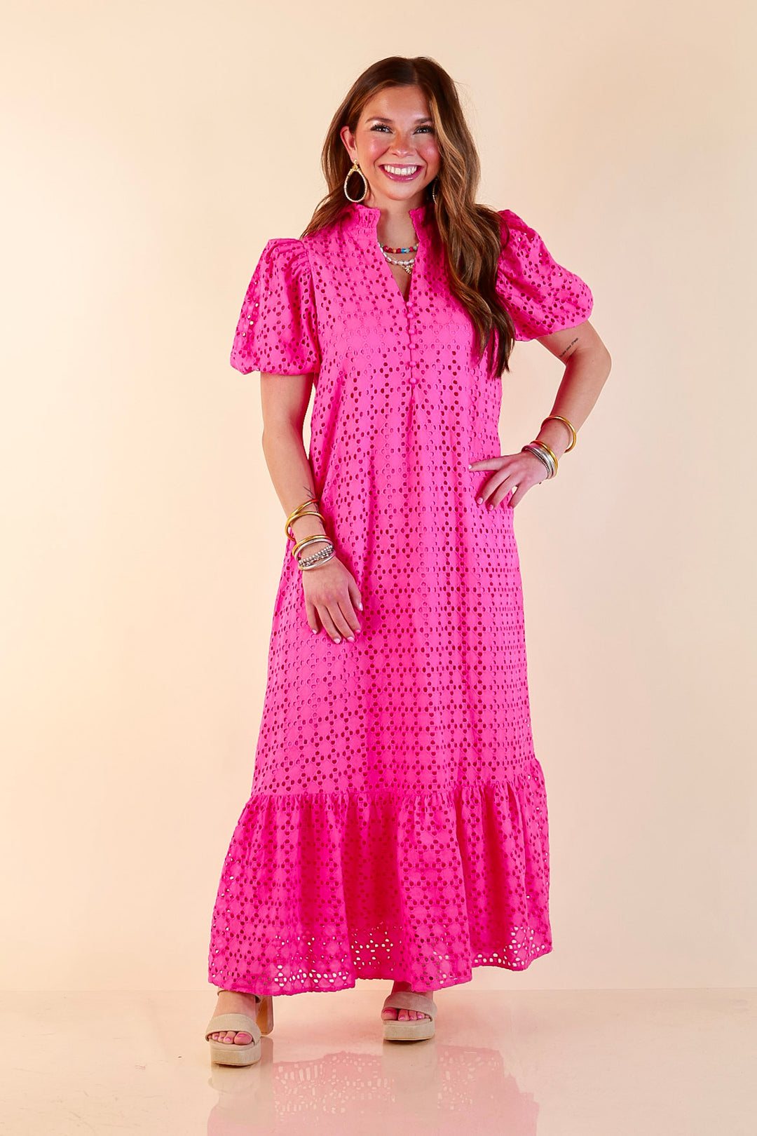 Meet Me at Sunset Eyelet Lace Puff Sleeve Tiered Maxi Dress in Hot Pink