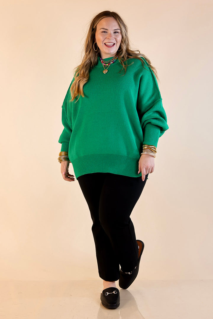 Snug and Stylish Mock Neck Sweater with Side Slit in Kelly Green
