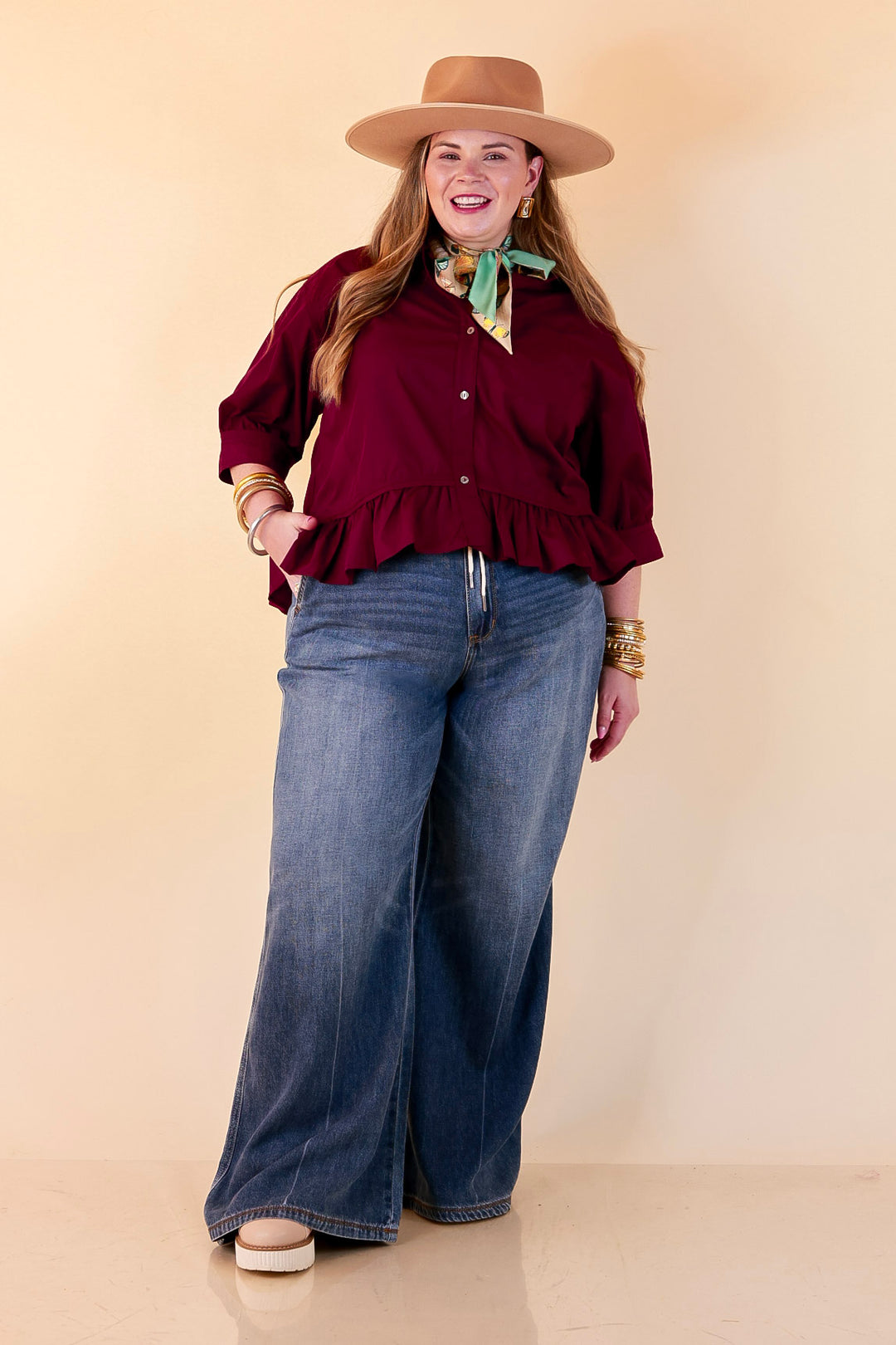 Style Agenda Solid Button Down Peplum Top in Maroon