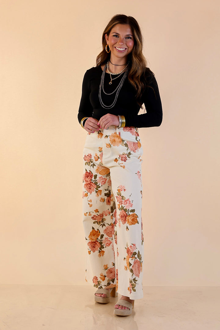 The Best Cropped Wide Leg Vintage Rose Floral Print Jeans in Ivory