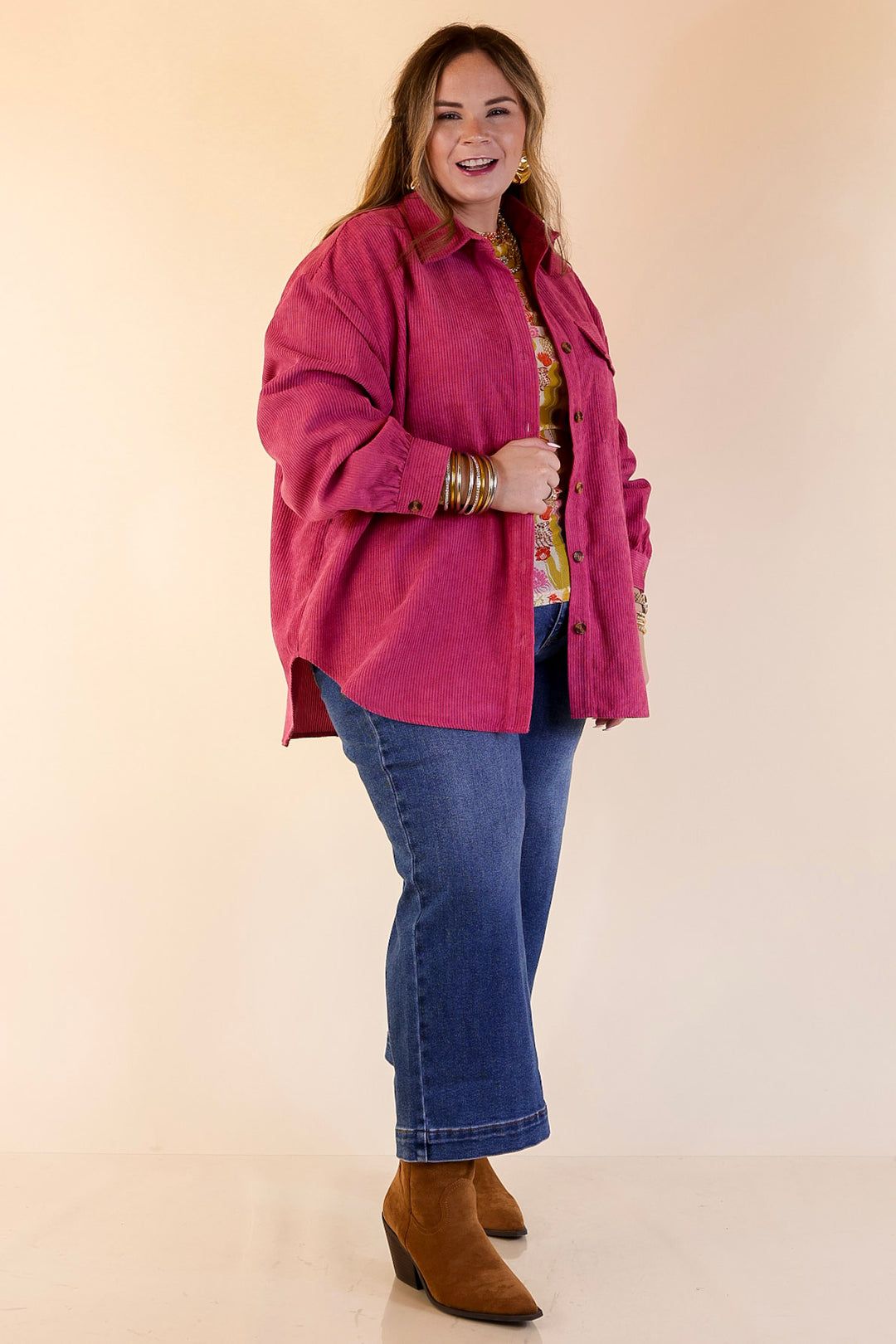 All Dolled Up Button Up Corduroy Shacket in Orchid Pink