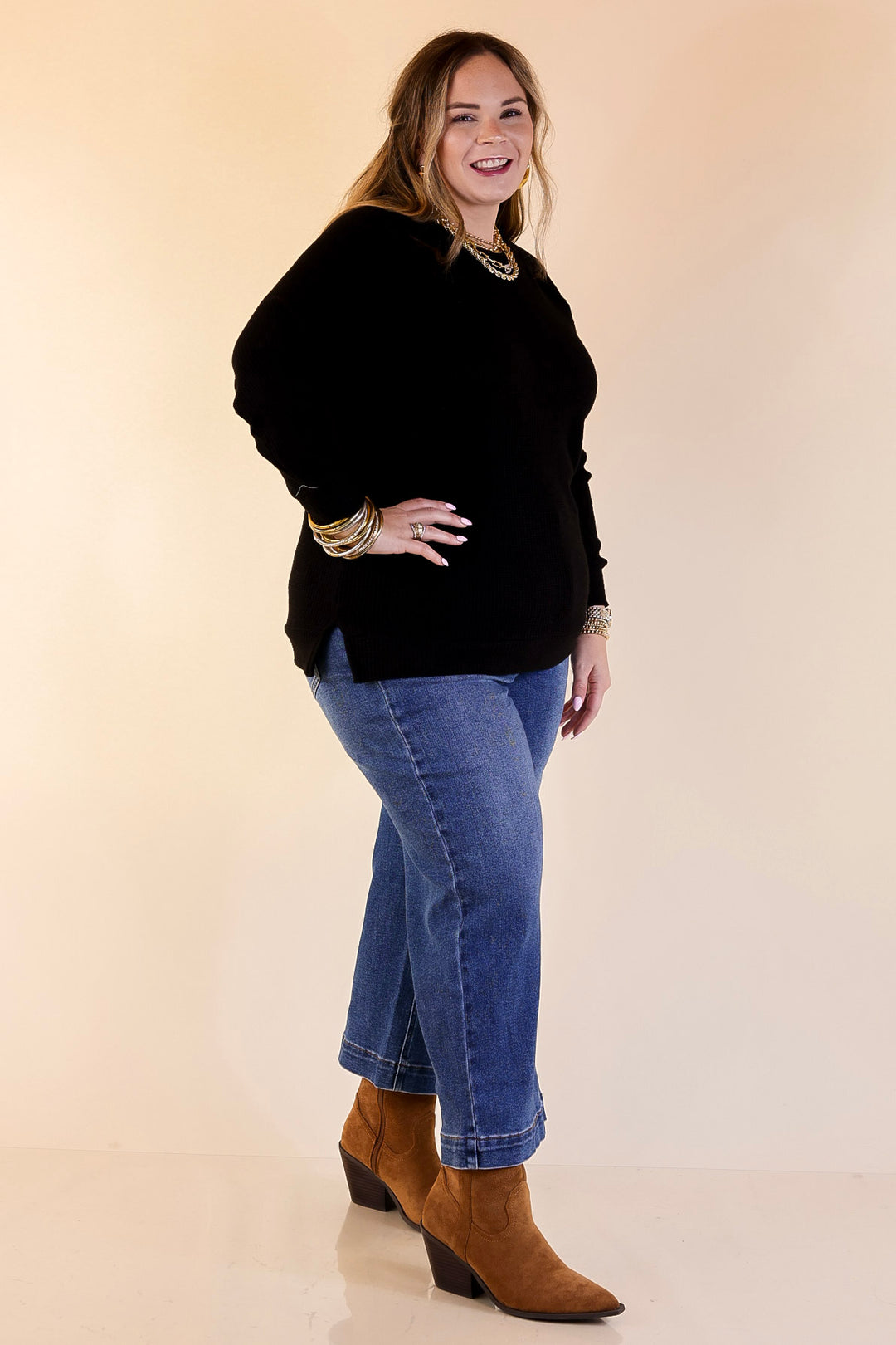 Essentially Chic Waffle Knit Long Sleeve Scoop Neck Top in Black