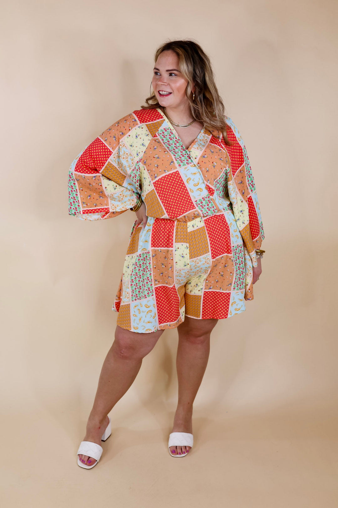 Pushing Limits Floral Patch Print Romper with 3/4 Sleeves - Giddy Up Glamour Boutique