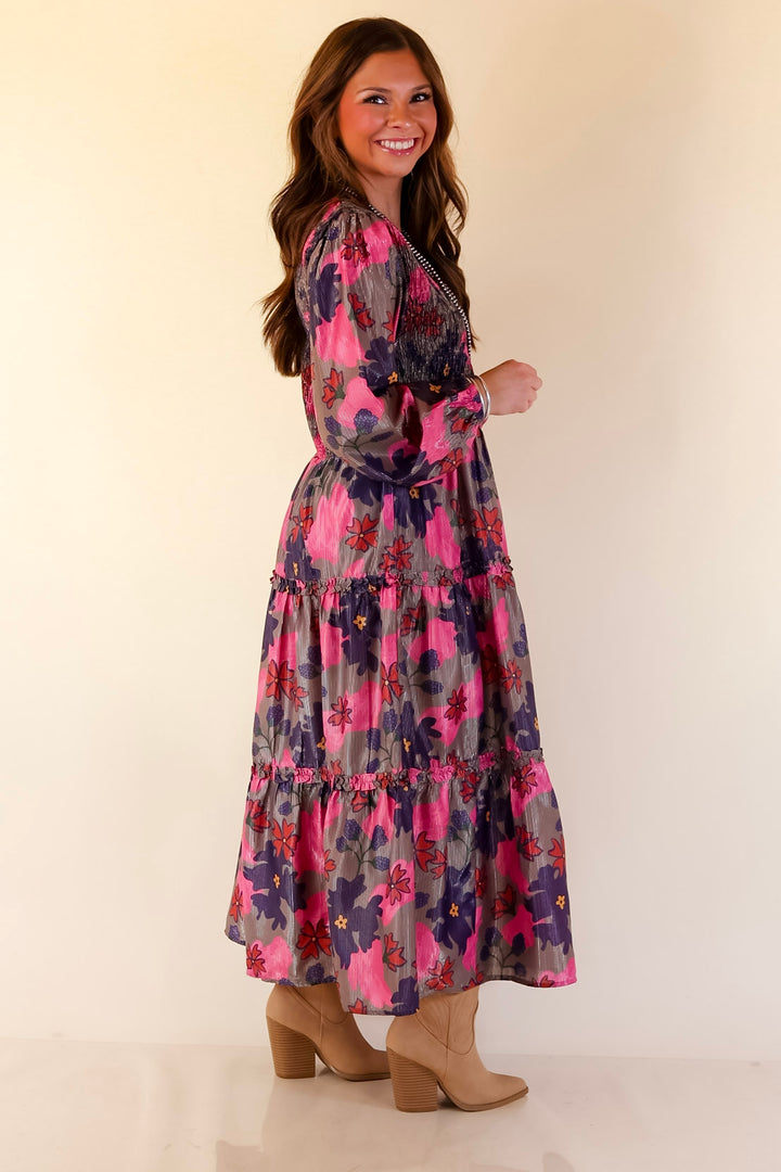 Mud Pie | Shaffer Smocked Bodice Long Sleeve Midi Dress with Tiered Skirt in Pink Mix