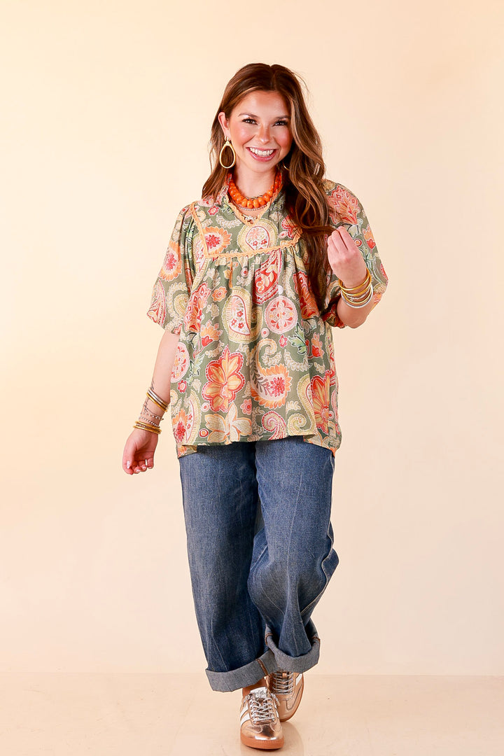 Blooming Days Ahead Paisley Print V Neck Blouse with Puff Sleeves, Ruffle Trim Collar and Lace Trim Yoke in Olive Green Mix