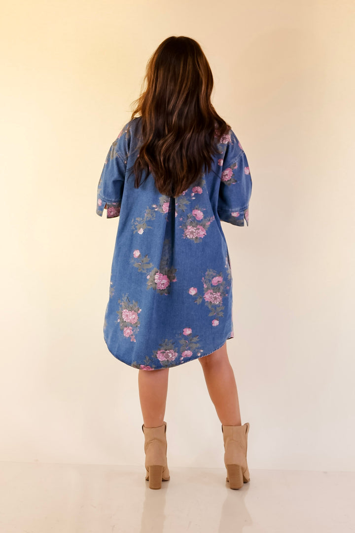 Flirting with Florals Floral Denim Shirt Dress with Gold Button Detail in Classic Blue Denim