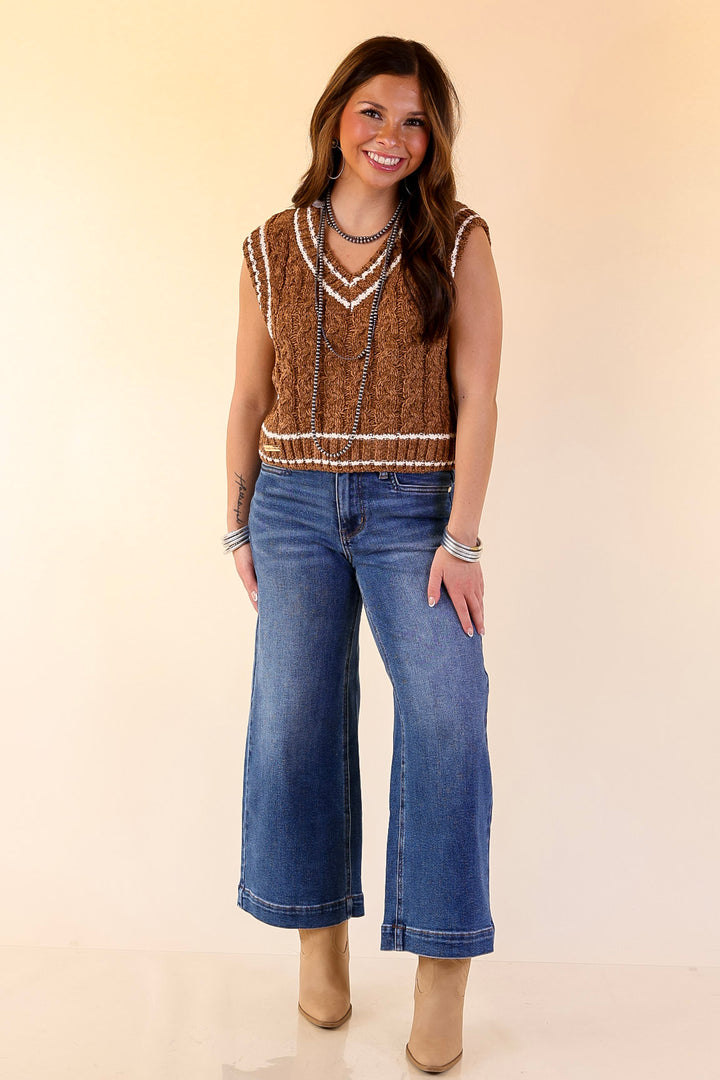 Simply Southern | Bliss Cable Knit Teddy Sweater Vest with V-Neckline and Contrast Trim in Umber Brown