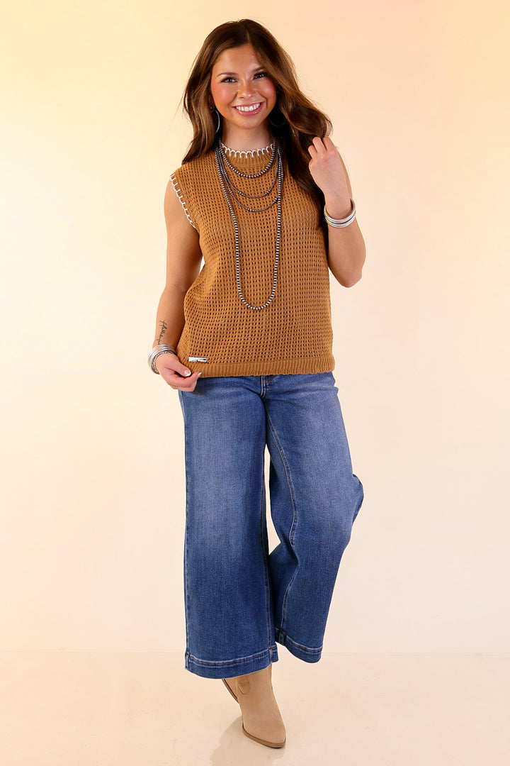 Simply Southern | Olivia Large Knit Sweater Vest with Contrast White Stitching in Tan Brown