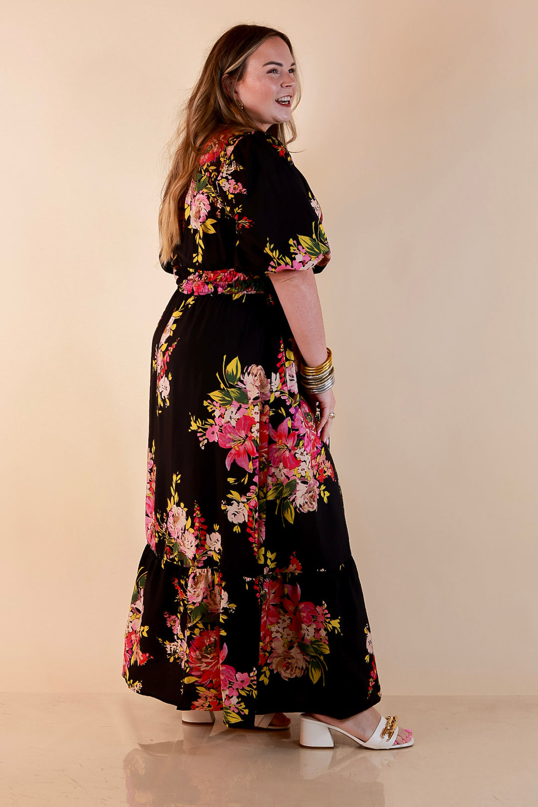 Reserved for Brunch Puff Sleeve Smocked Waist Floral Maxi Dress in Black Multi