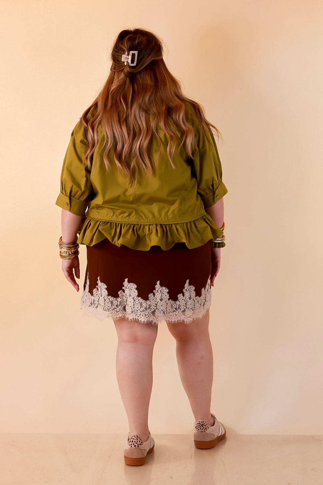 Style Agenda Solid Button Down Peplum Top in Chartreuse Olive Green