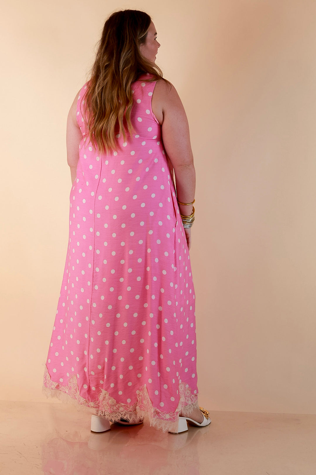 Sweet Little Something Polka Dot Sleeveless Maxi Dress with Lace Trim in Pink
