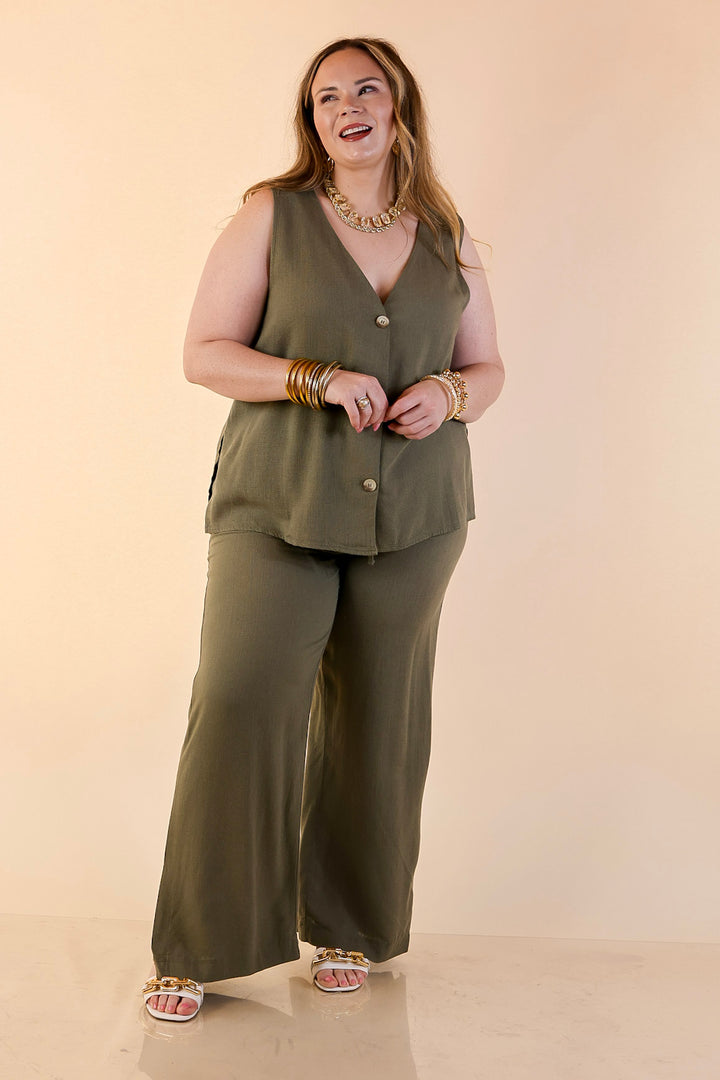 Styled in Comfort Linen Wide Leg Drawstring Pants in Olive Green