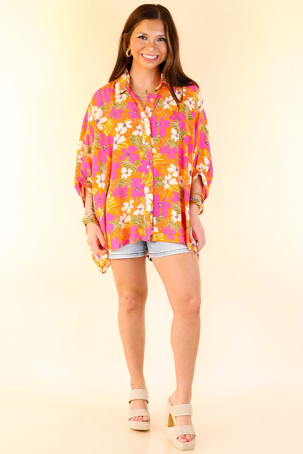 Bright Lifestyle Button Up Half Sleeve Floral Poncho Top in Orange Mix