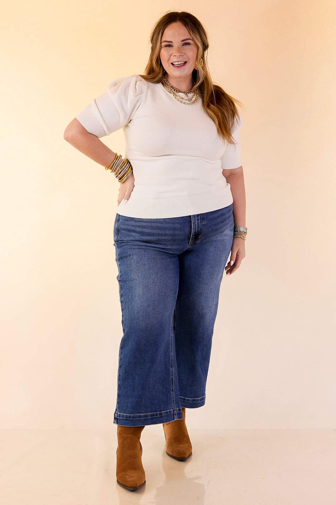 Sweet Sophistication Puff Short Sleeve Knit Sweater with Scoop Neck in Ivory