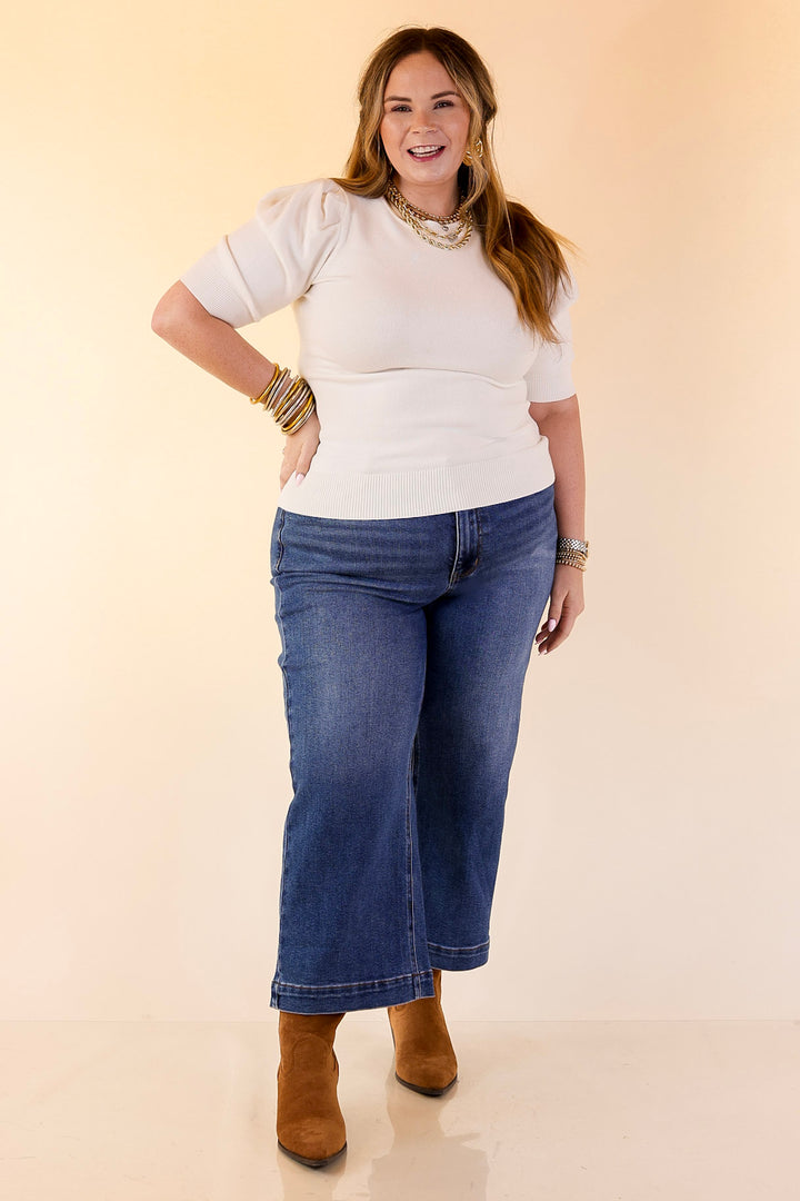 Sweet Sophistication Puff Short Sleeve Knit Sweater with Scoop Neck in Ivory